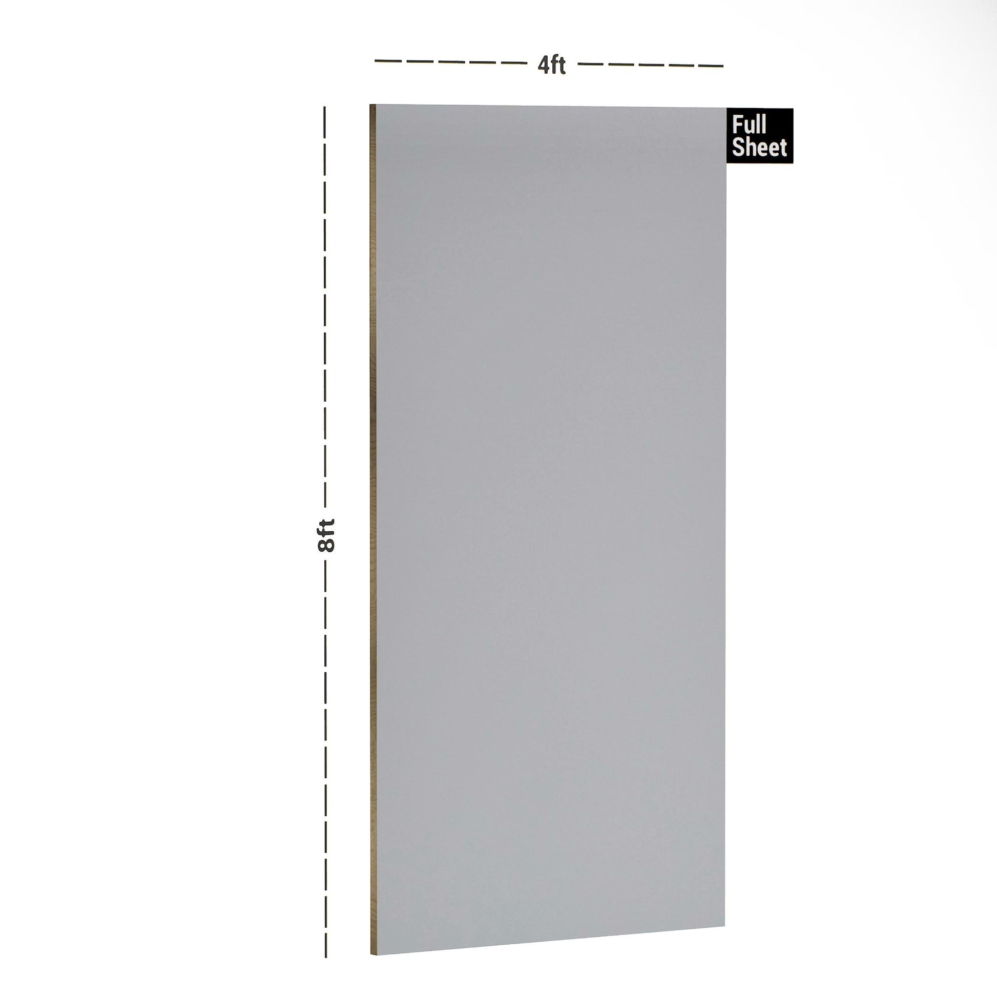 Grey laminate wall panel with silk finish and dimensions 8x4 ft displayed with size annotations.