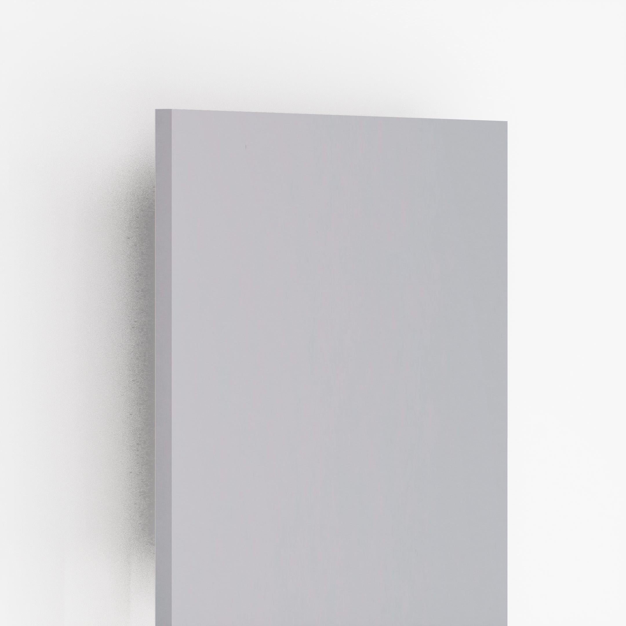 Grey laminate wall panel with silk finish and smooth texture, showing edge detail and subtle shadow effect.