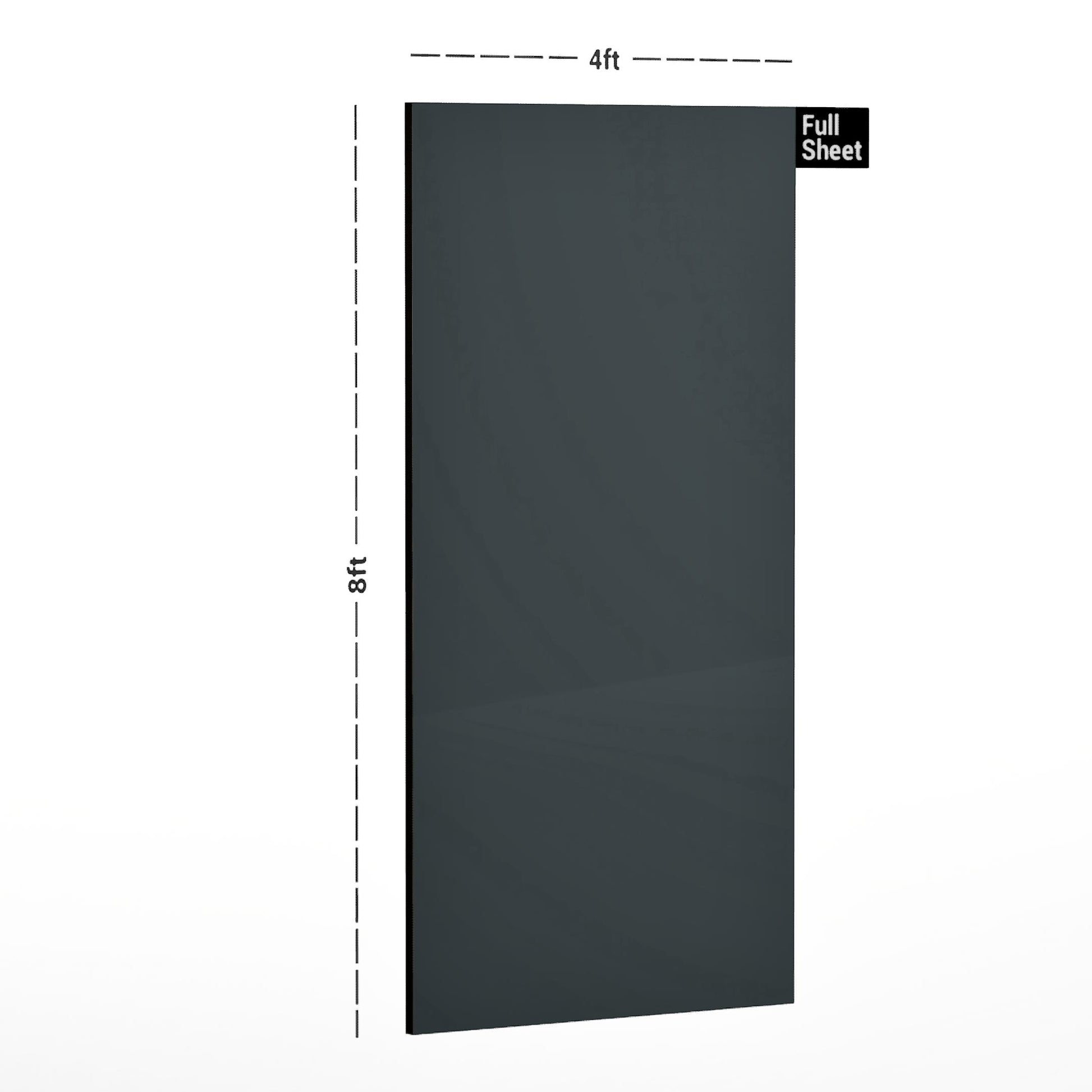 Grey suede laminate wall panel with dimensions 8x4 ft shown in full sheet view with measurements.