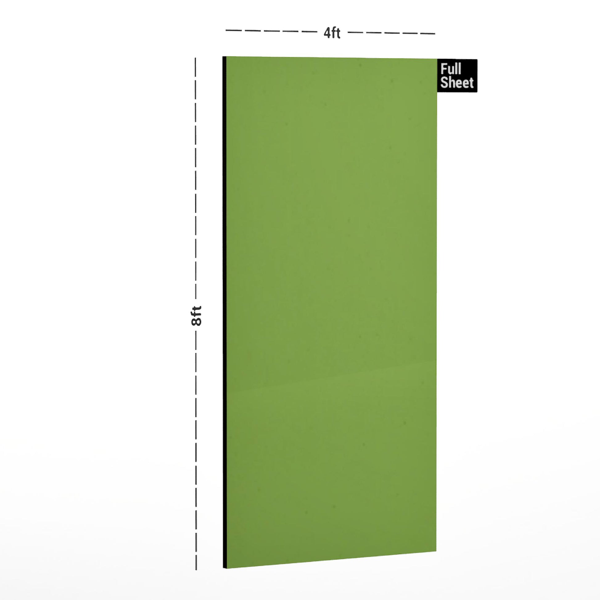 Lime green solid laminate sheet with lustre finish, 8x4 ft size indicated by dimensions.