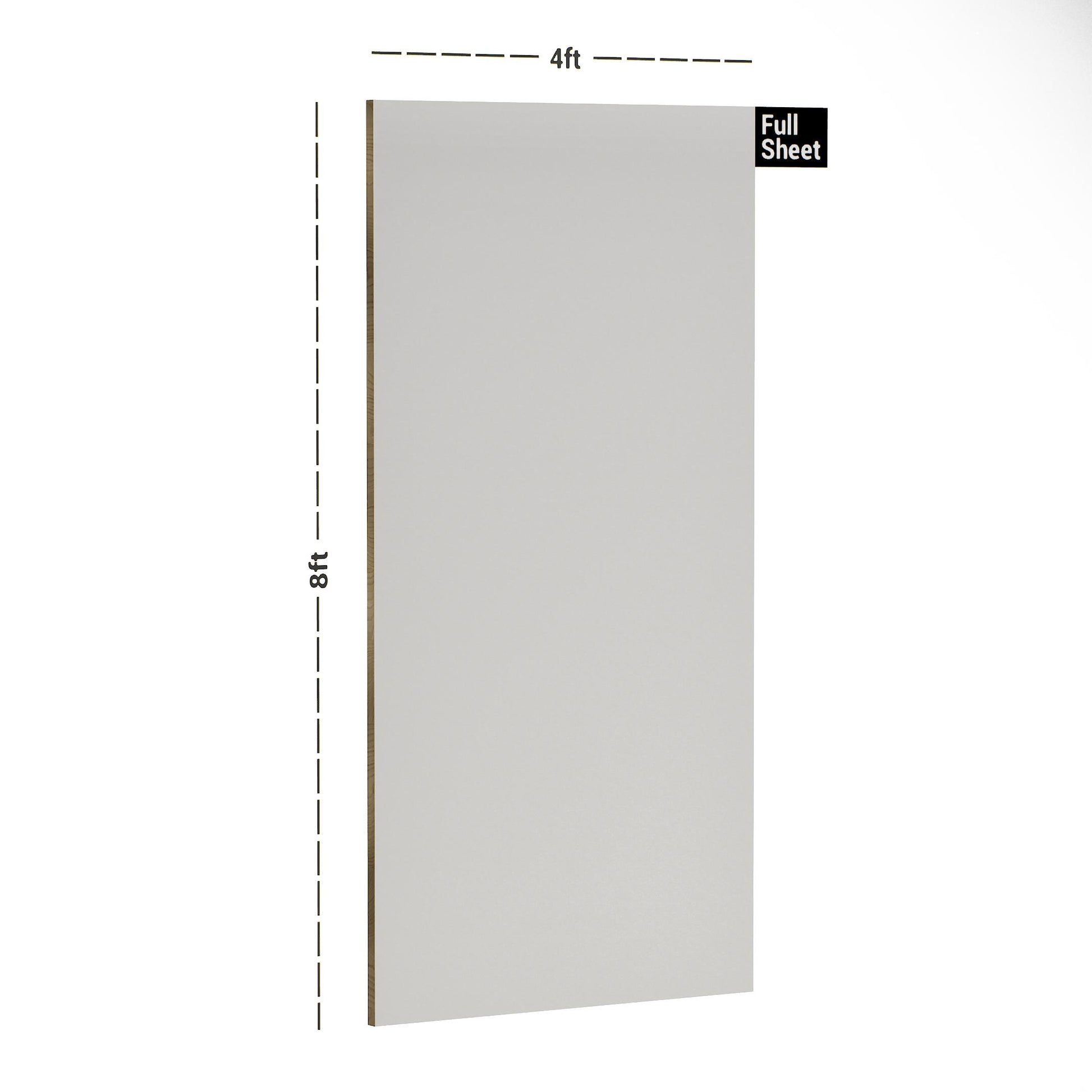 White plain laminate sheet with textured finish, 8x4 ft size, shown with dimensions and labeled Full Sheet.