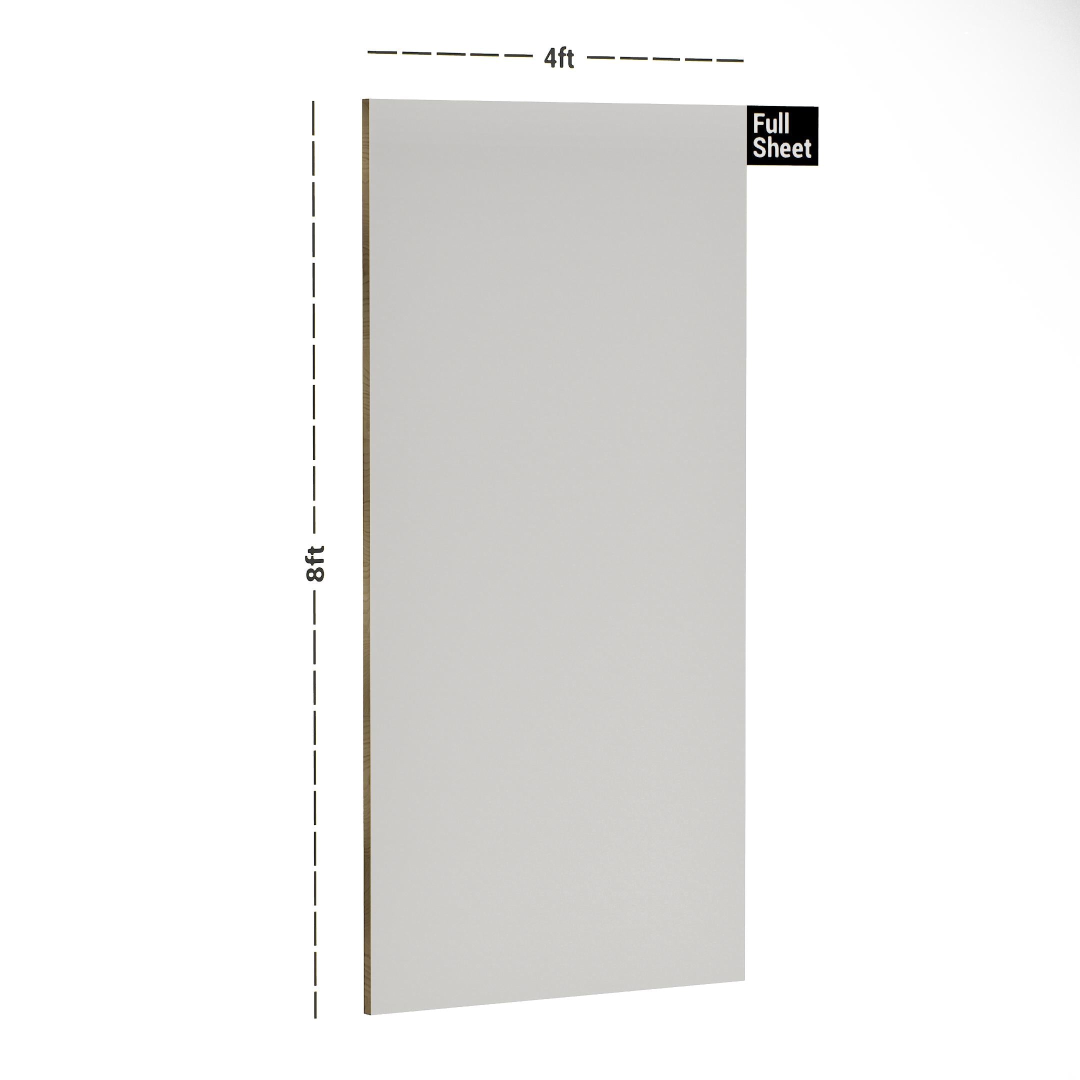 White plain laminate sheet with textured finish, 8x4 ft size, shown with dimensions and labeled Full Sheet.