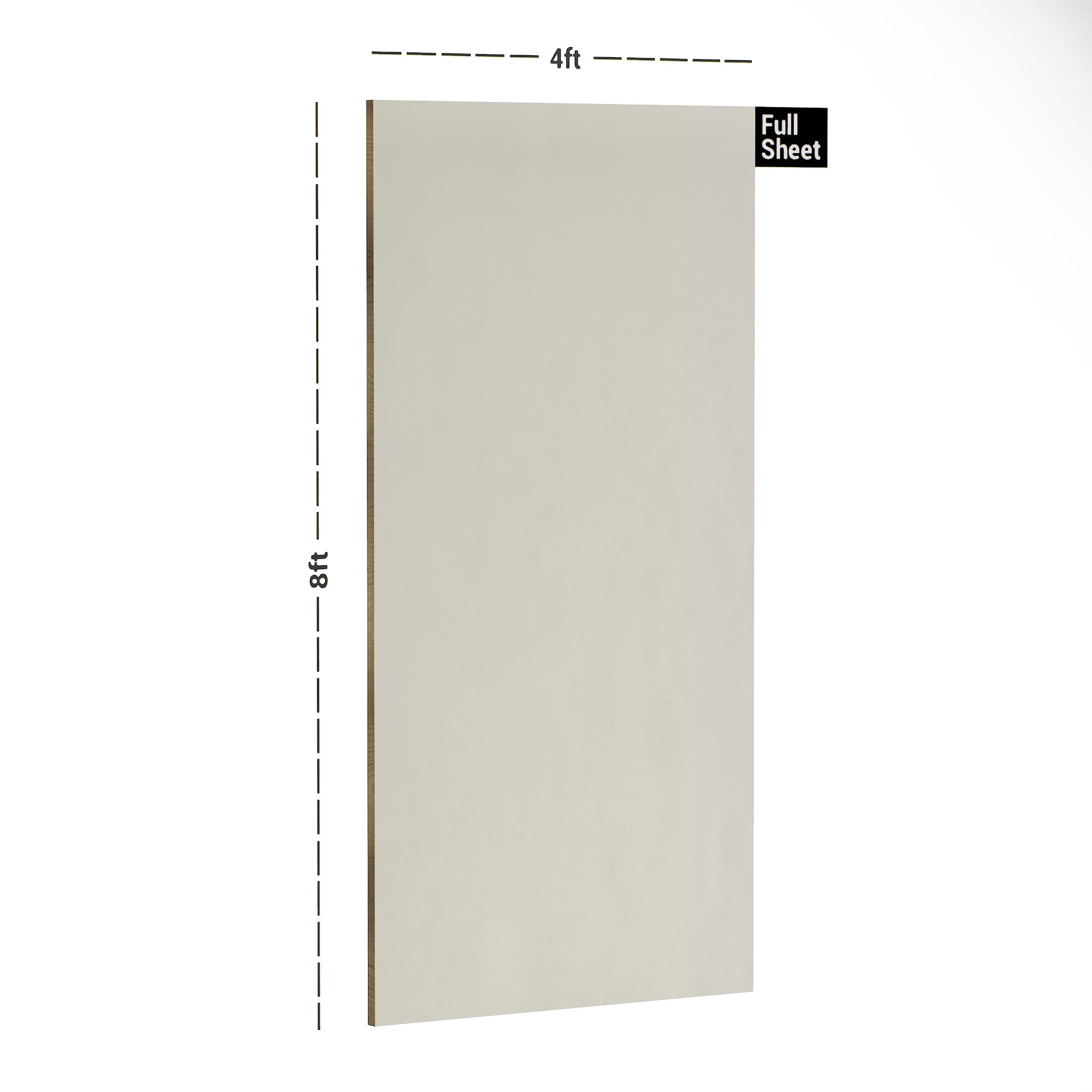 Off-white plain laminate sheet with textured finish, 8x4 ft size indicated by measurements alongside the sheet.