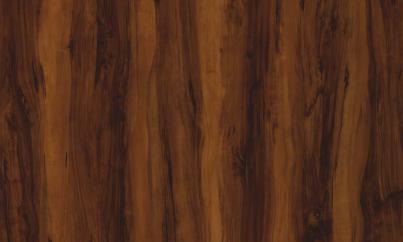 Brown wood grain laminate with textured finish and dark streaks, showing wood pattern and natural veining details.