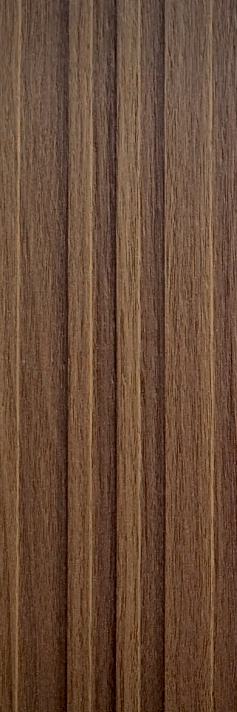 Brown wood grain laminate with textured finish and vertical louver pattern, showing wood texture and grain details.