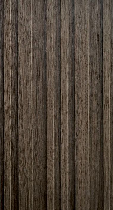 Brown wood grain laminate with vertical louver pattern and textured finish, showing wood texture and grain details.
