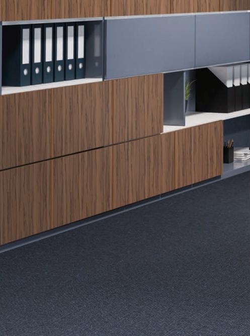 Brown wood grain laminate with suede finish used in modern office cabinetry and shelving units showcasing textured wood