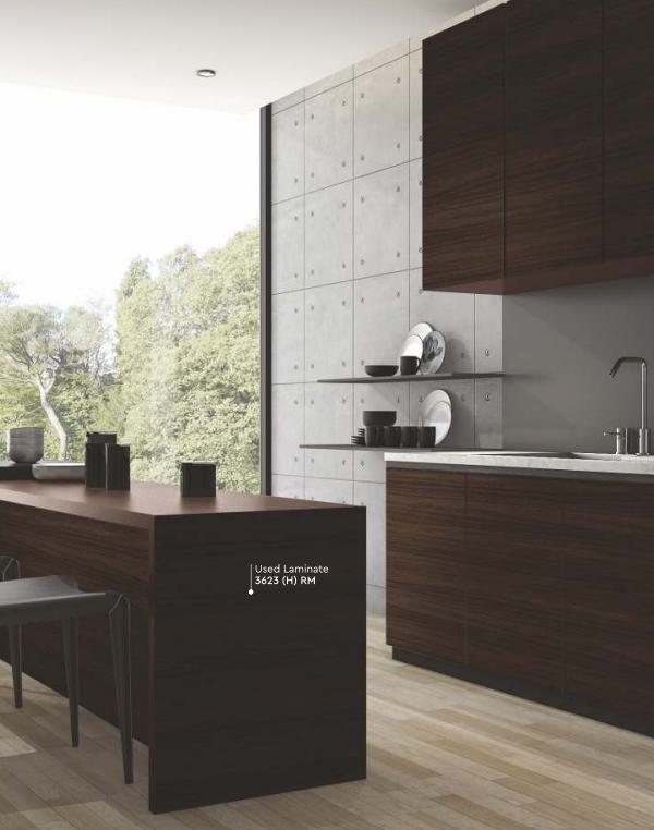 Brown wood grain laminate with textured finish used on kitchen cabinets and island in modern interior design setting