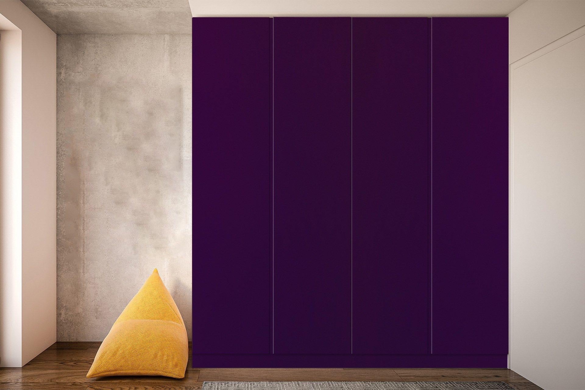 Purple laminate wall with suede finish, plain color, and matte sheen, in a modern interior setting with minimalist decor