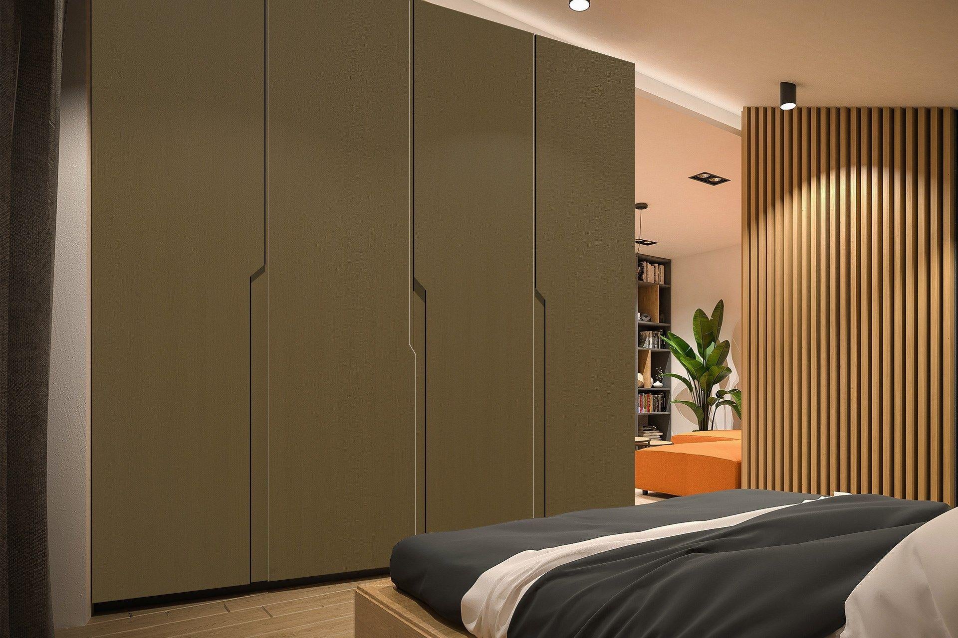 Black suede laminate with matte finish and plain texture on large cabinet doors in modern bedroom interior