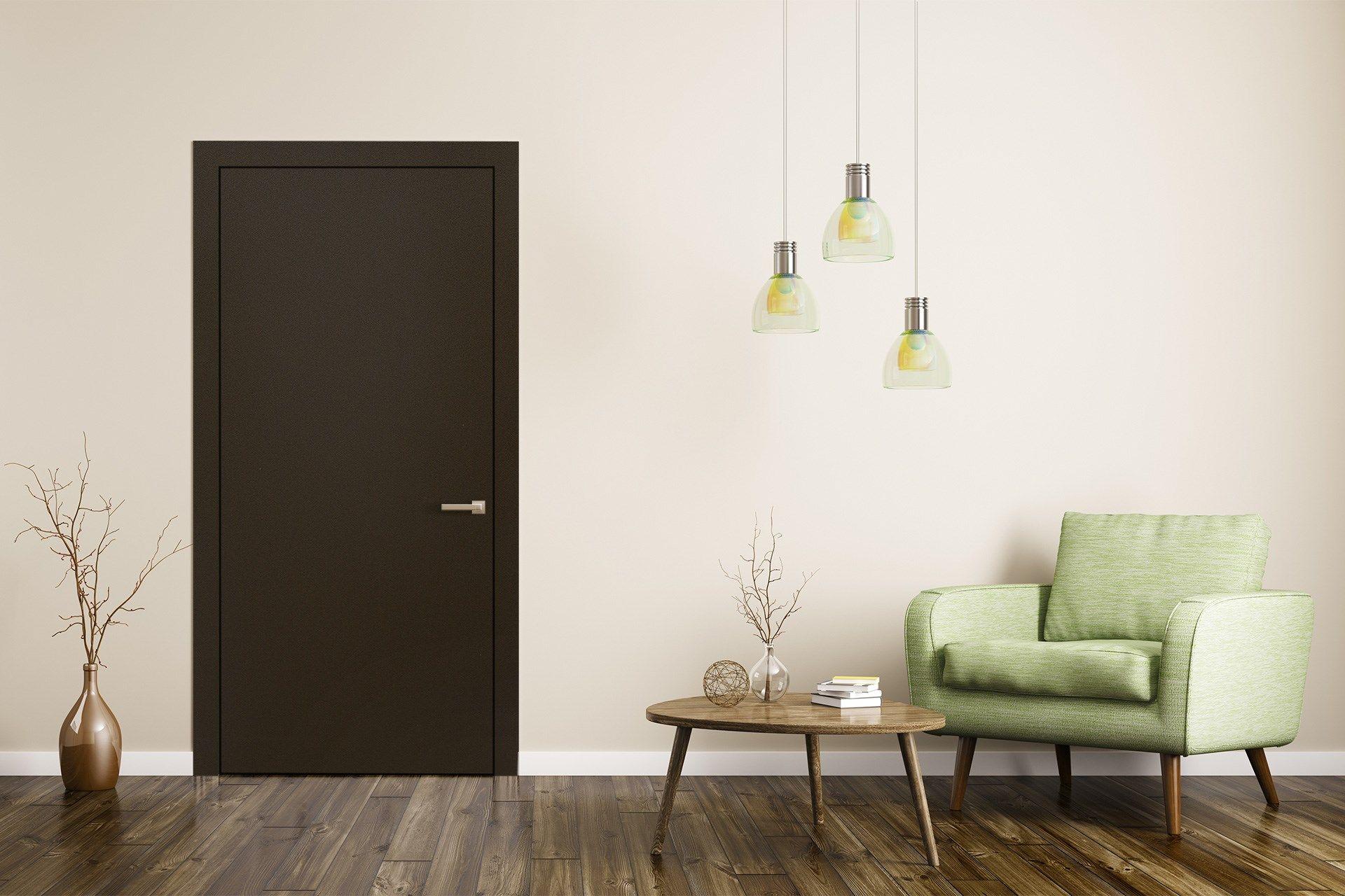 Black suede laminate door with matte finish in a modern room setting with minimalist decor and wooden flooring