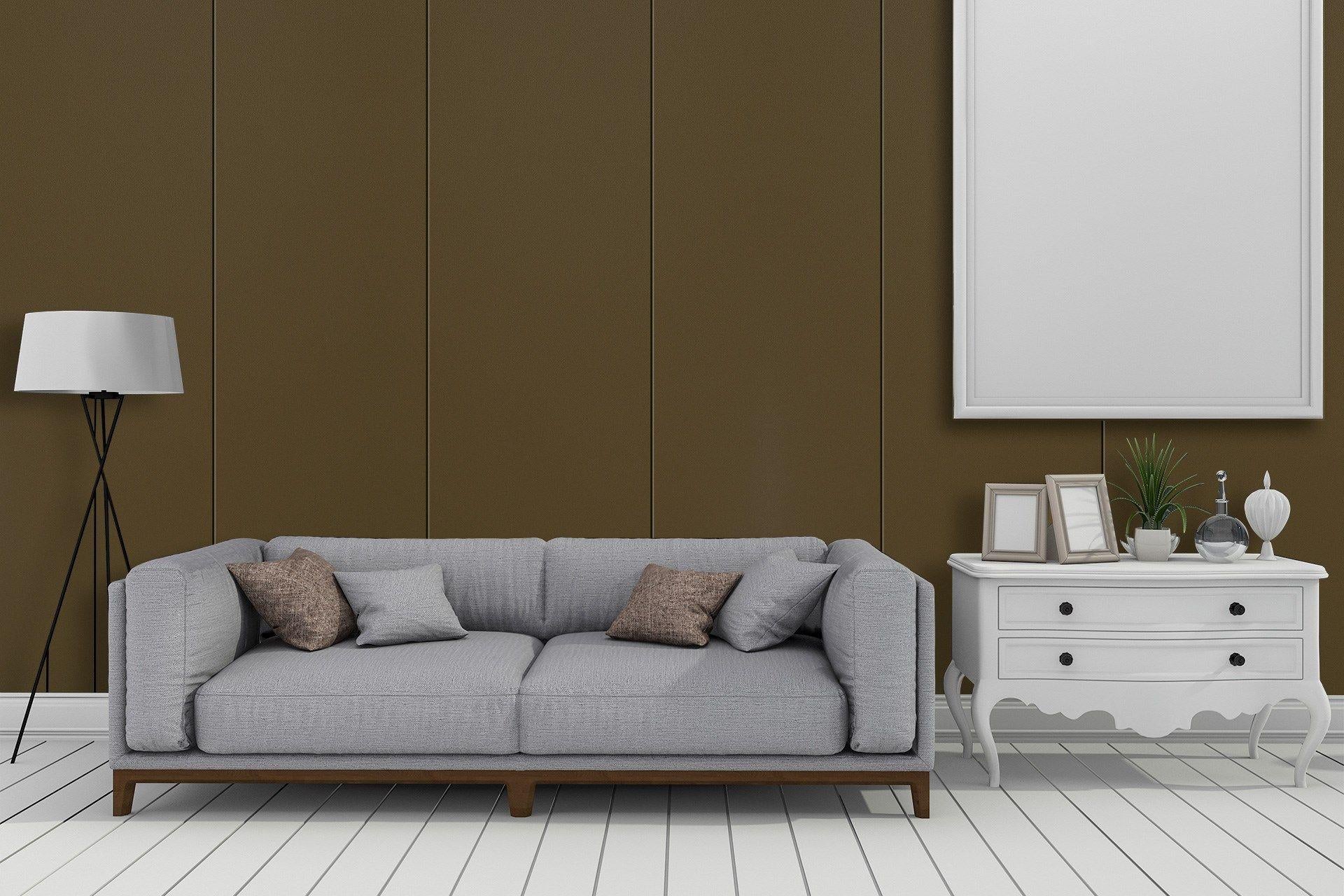 Brown suede laminate wall panels with matte finish in a modern living room setting with furniture and decor