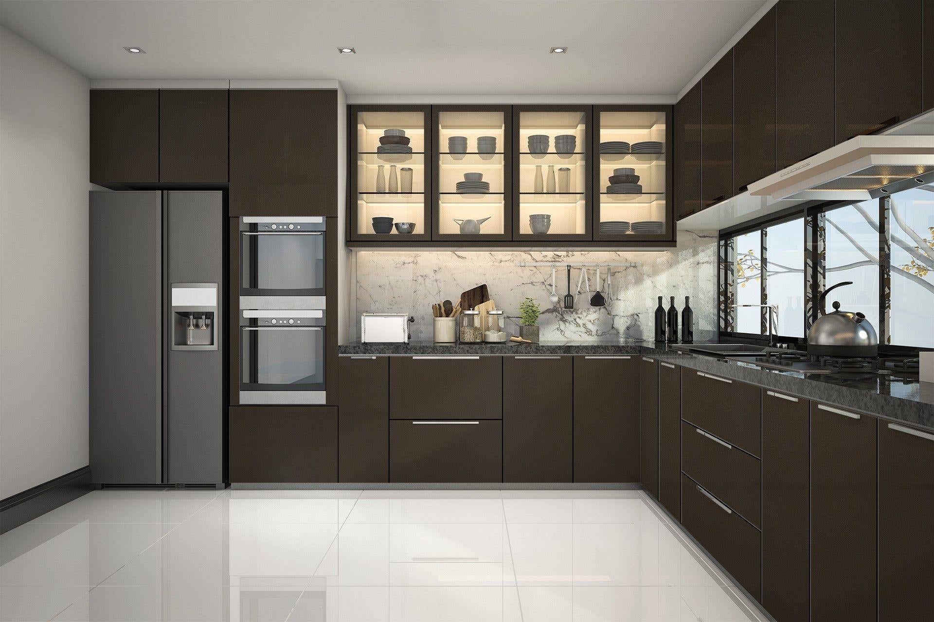 Dark brown suede laminate kitchen cabinets with sleek handles and modern appliances in a contemporary kitchen setting.