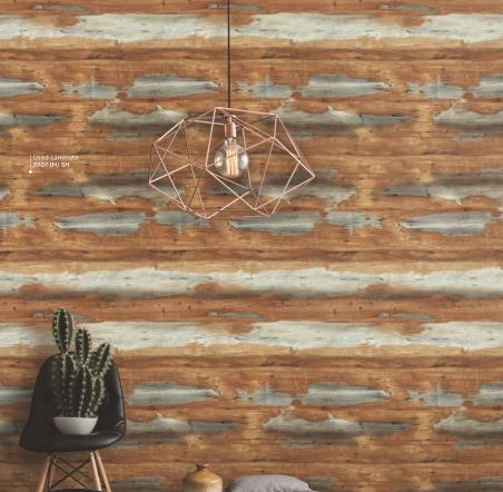 Brown wood grain laminate with textured finish and distressed pattern on wall with decorative light fixture and cactus.