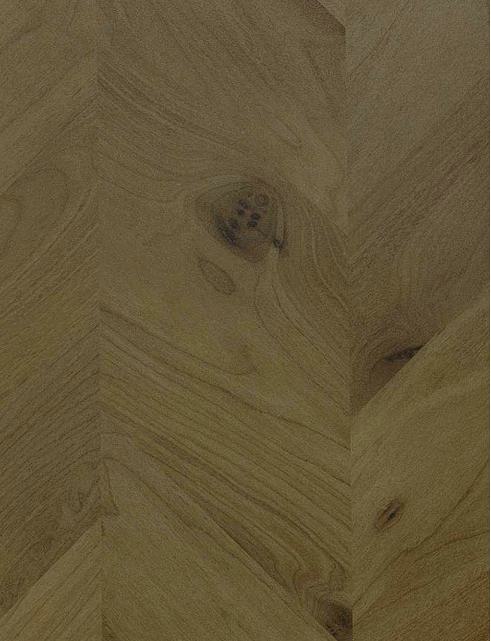 Brown wood laminate with textured finish and herringbone pattern, showing wood grain and knots in close-up view.
