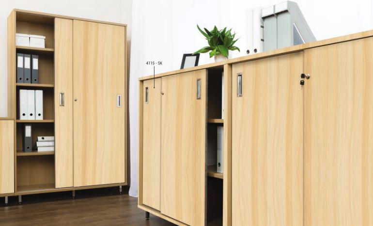 Brown wood grain laminate cabinet doors with textured finish and visible wood pattern in an office setting