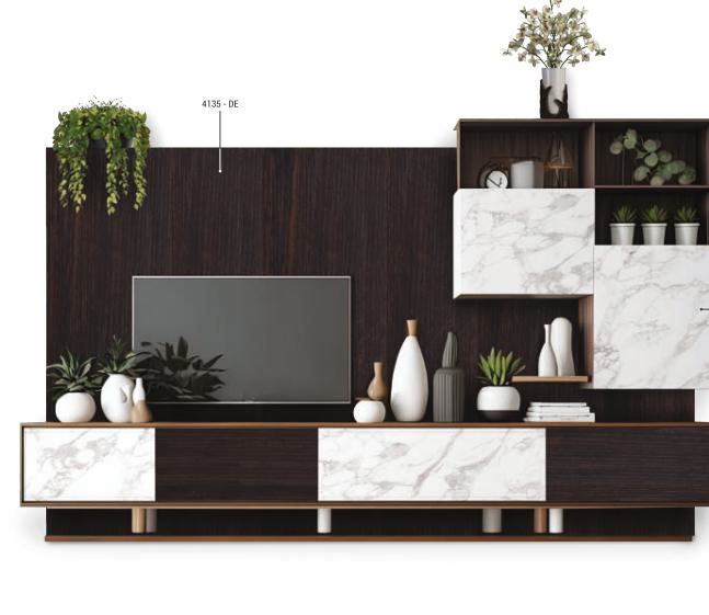 Brown wood grain laminate wall and furniture with marble accents and decorative items, textured finish, in a modern interior