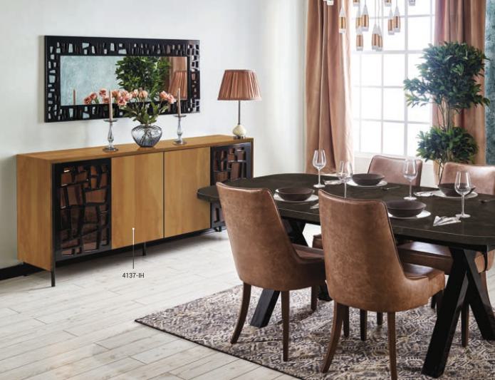 Brown wood grain laminate with textured finish used on dining table and sideboard in modern interior design setting