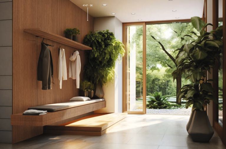 Brown wood laminate wall with texture finish in modern entryway with bench and plants, showcasing wood grain pattern and