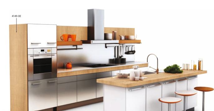 Brown wood laminate kitchen with textured finish and white cabinets, featuring modern appliances and decorative elements.