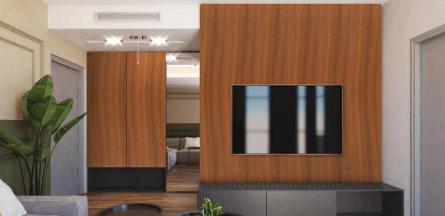 Brown wood grain laminate with textured finish on wall and cabinet in modern living room interior design setting