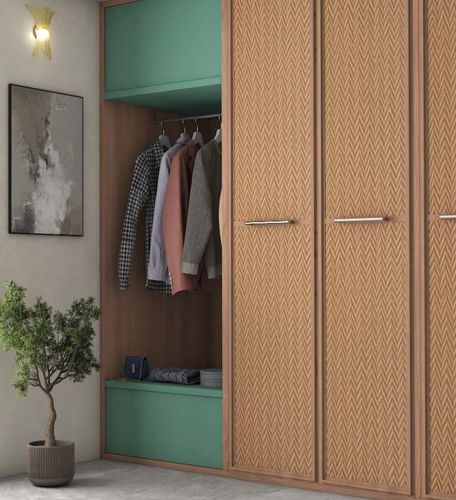 Brown wood laminate with textured wood grain finish on wardrobe doors and interior, showing clothing and accessories inside.