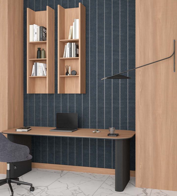Brown wood laminate with textured finish and wood grain pattern on wall and desk in modern office setting