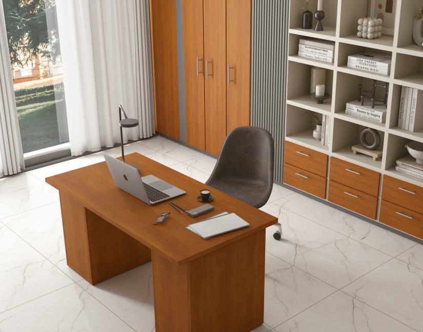 Brown wood grain laminate furniture in modern office setting with suede finish and visible wood texture on desk and
