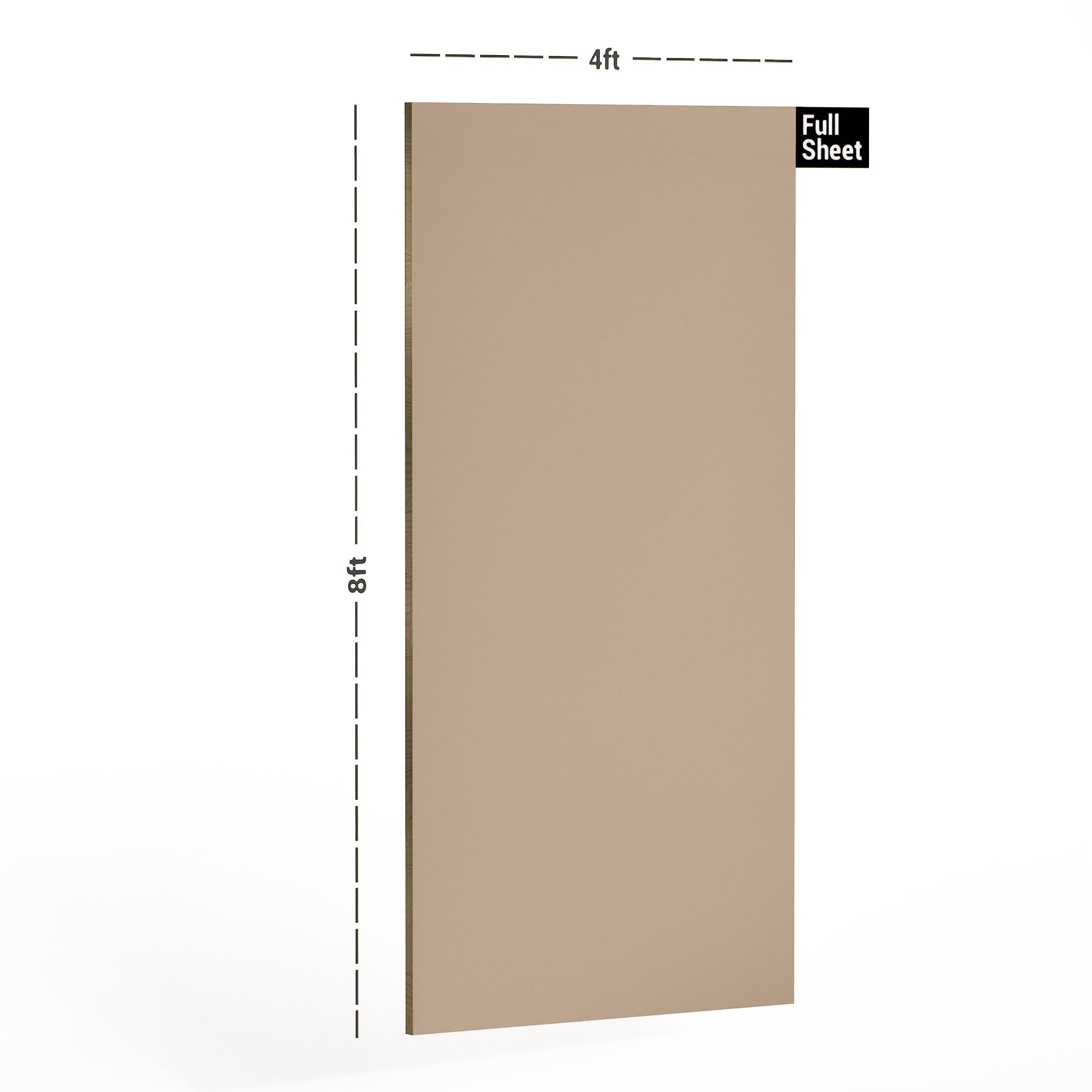 Brown wood laminate sheet with suede finish, 8x4 ft size, shown full sheet with dimensions marked.