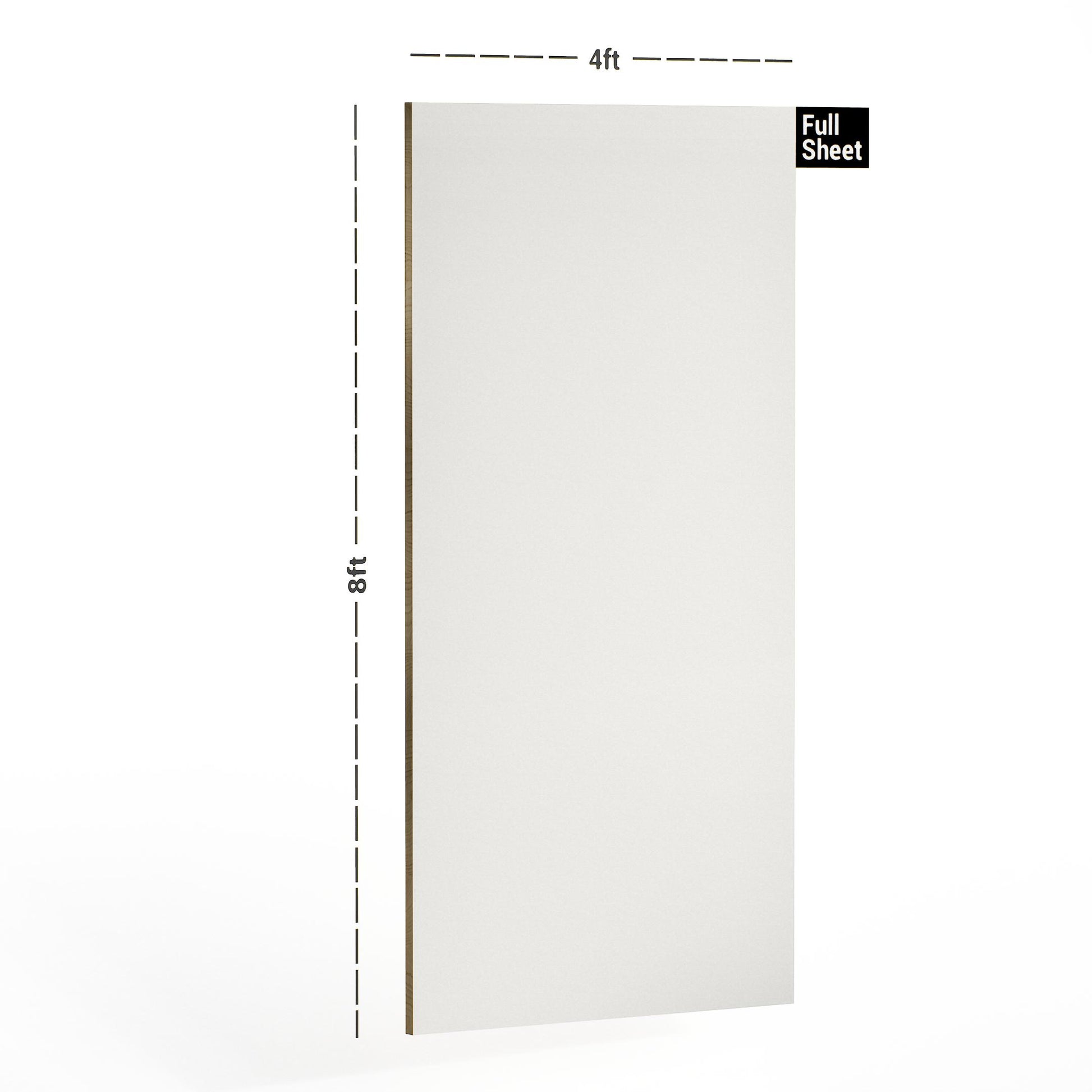 Light wood laminate sheet with suede finish, 8x4 ft size indicated by measurements alongside the sheet.