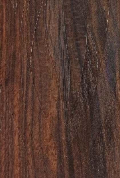 Dark brown wood grain laminate with textured finish and wavy pattern, showing wood-like appearance and natural veining