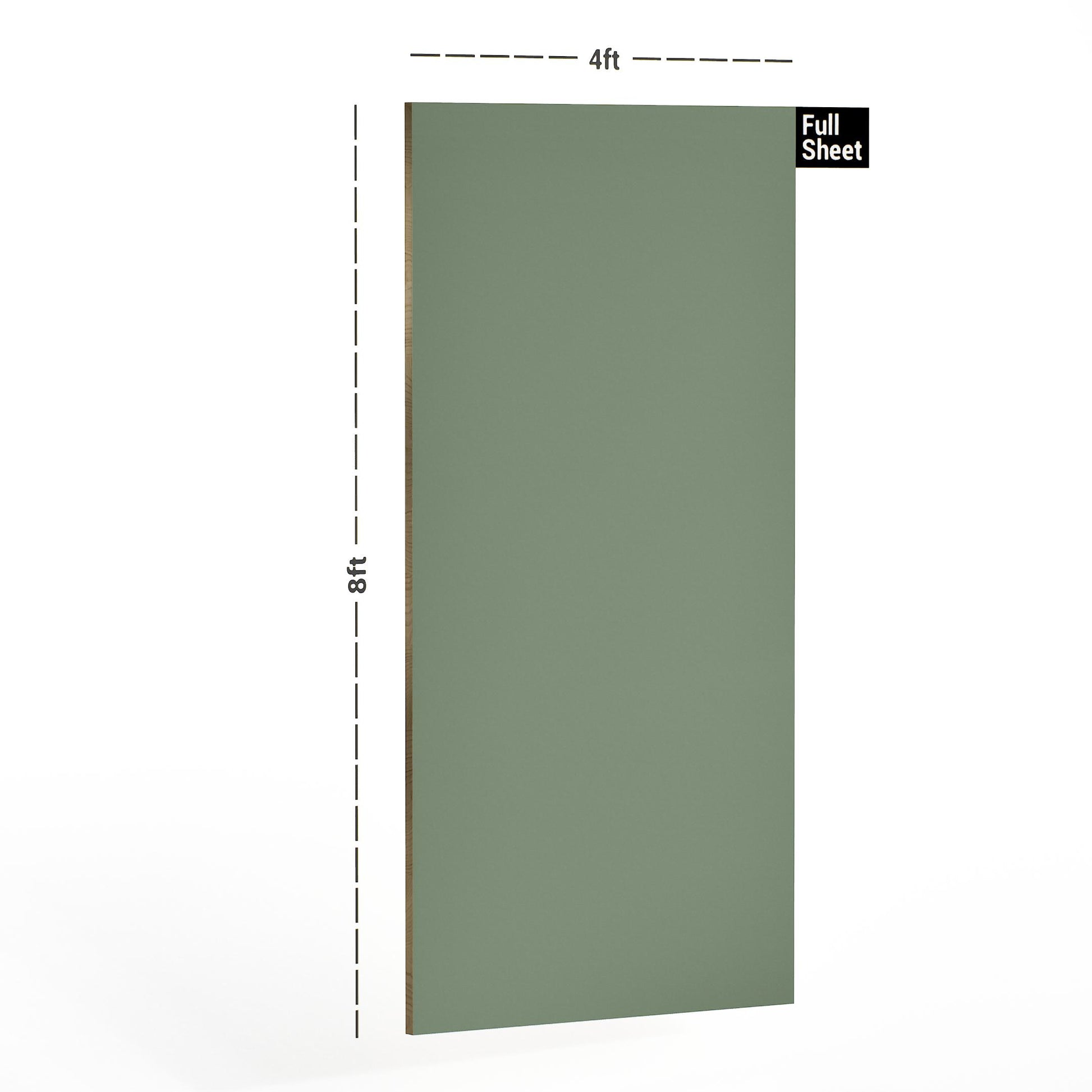 Sage green plain laminate sheet with textured finish, 8x4 ft size displayed with dimensions.