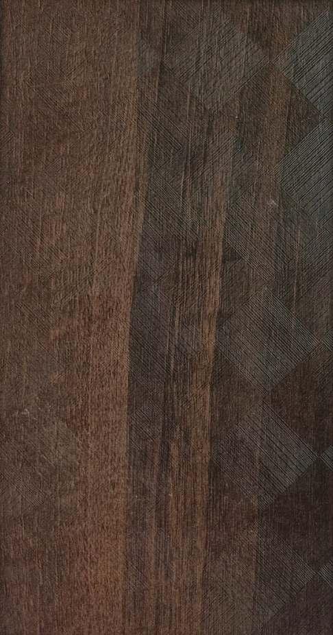 Dark brown wood grain laminate with textured finish and visible wood pattern and subtle sheen