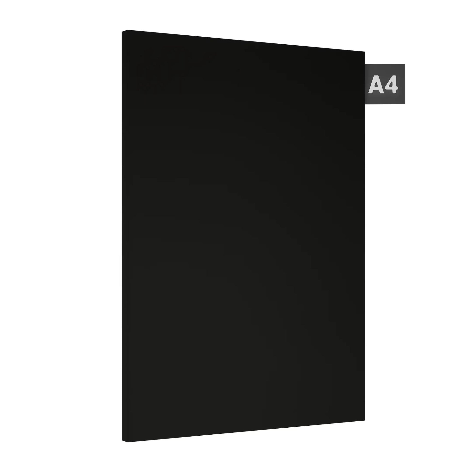 Black high gloss laminate sheet with plain finish and visible edge, displaying a glossy black surface.