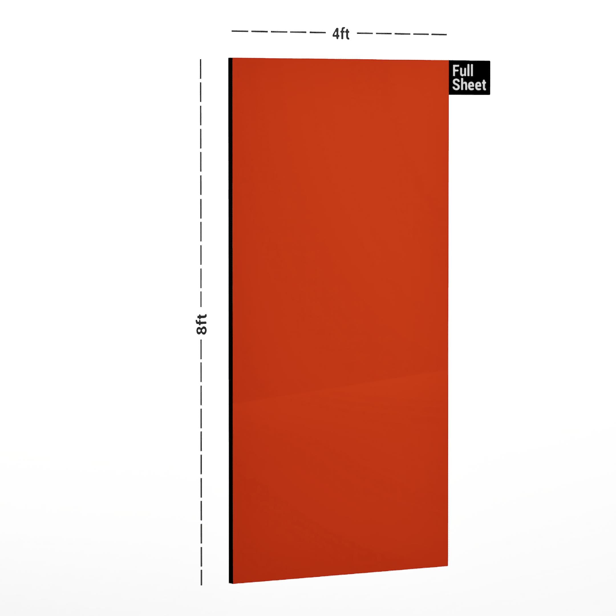 Saffron plain laminate sheet with suede finish, 8x4 ft size, shown with dimensions and full sheet label.