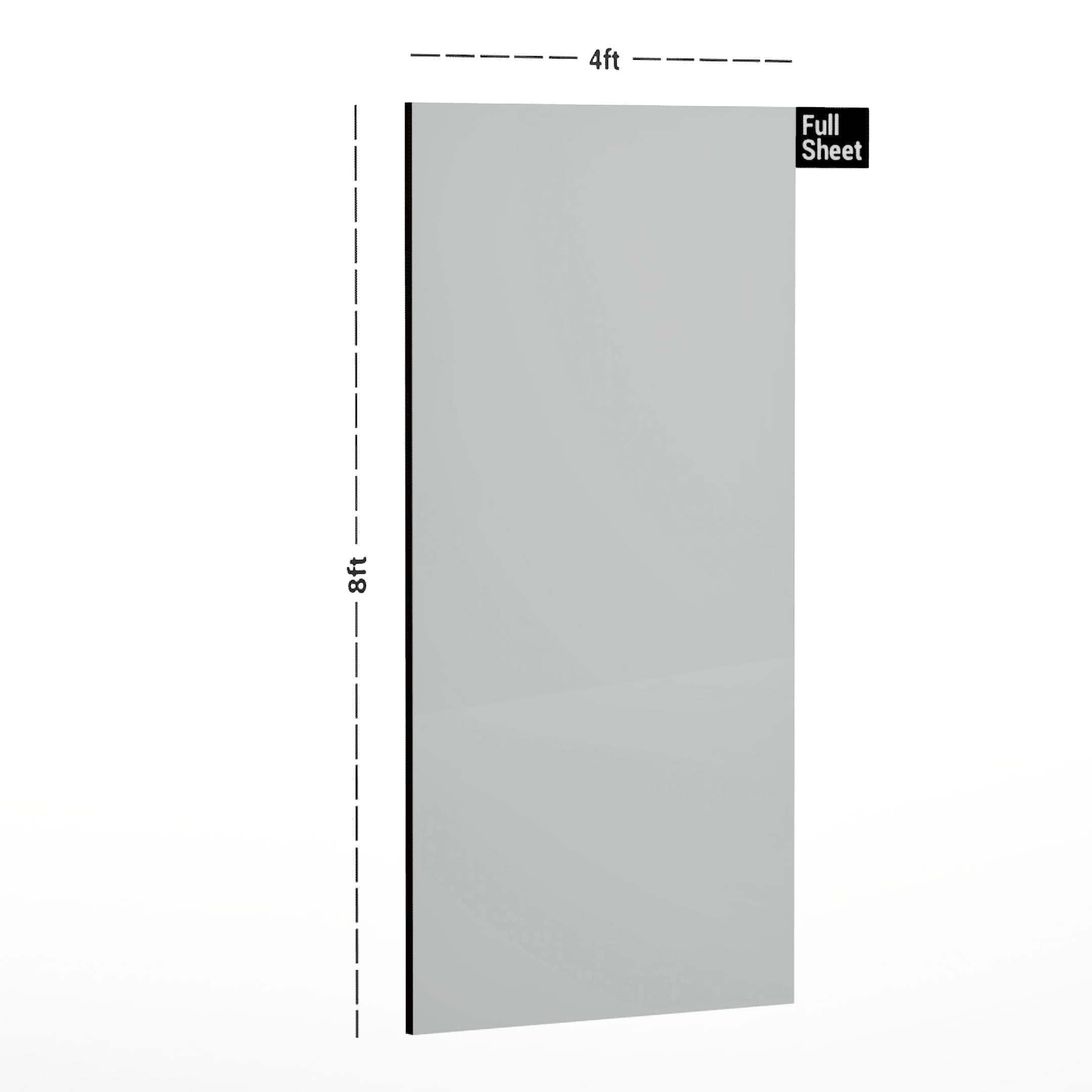 White plain laminate sheet with textured finish, 8x4 ft size, illustrated with dimensions and labeled Full Sheet.