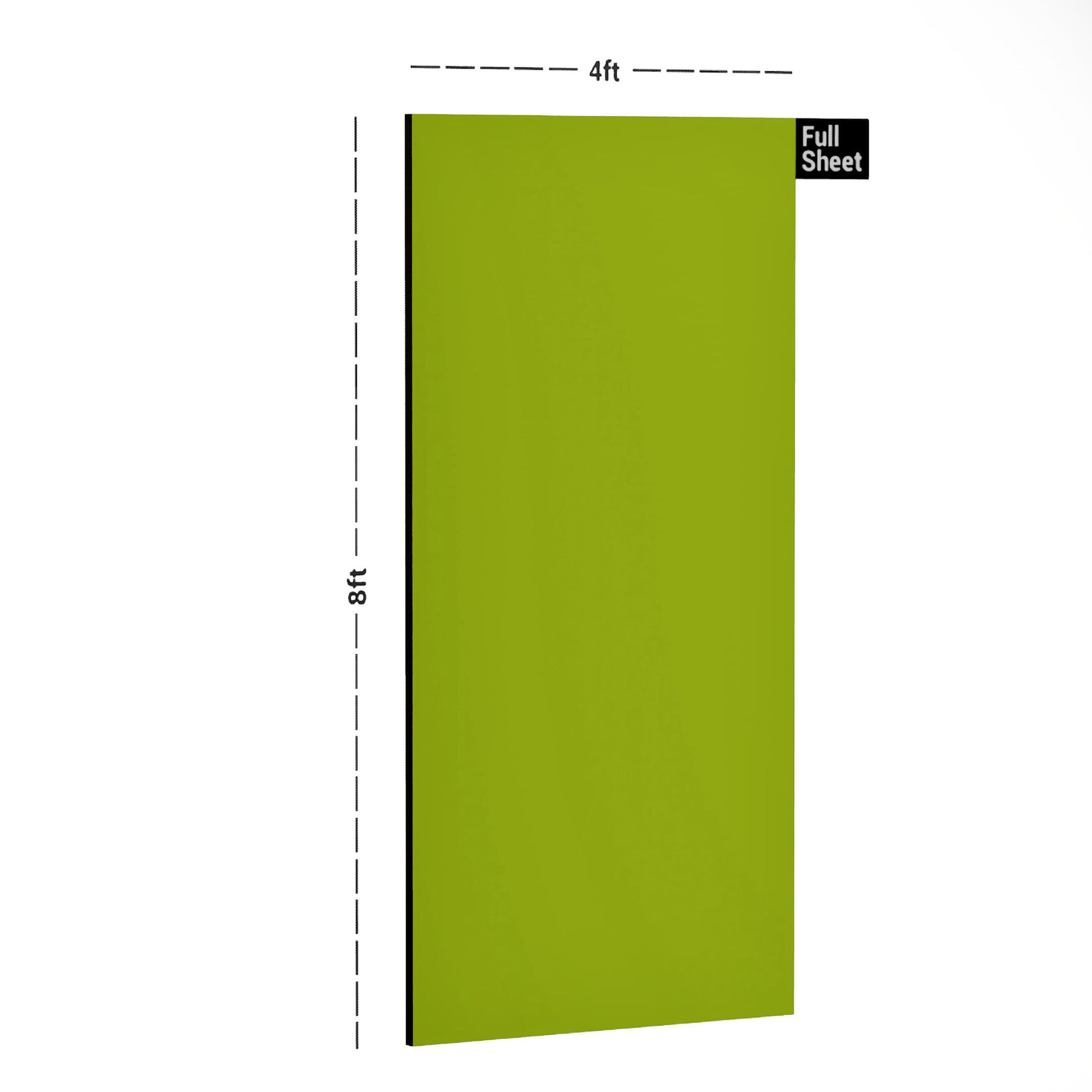 Green plain laminate sheet with texture finish, 8x4 ft size, shown with dimensions and labeled Full Sheet.