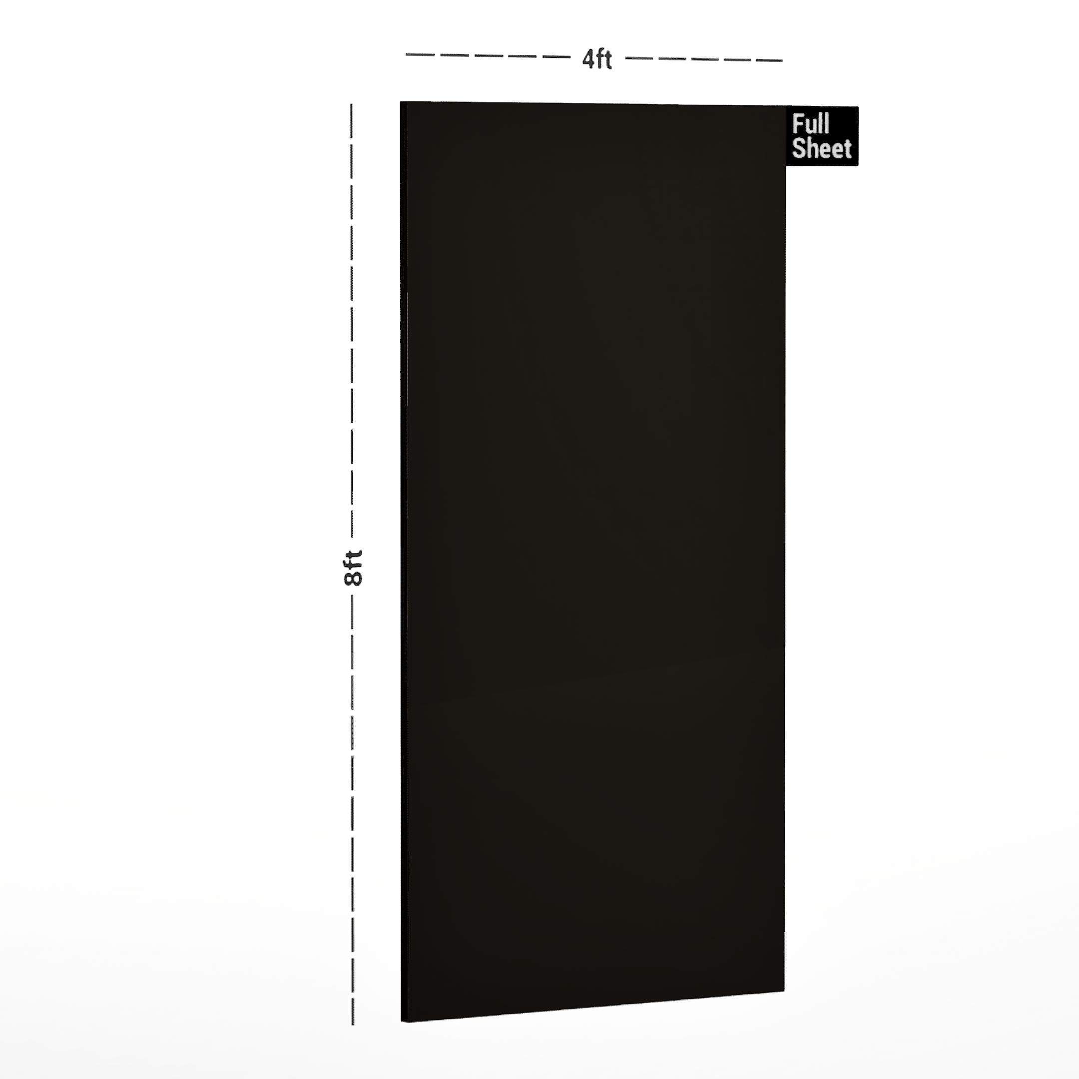 Black plain laminate sheet with suede finish, 8x4 ft size diagram showing full sheet dimensions.