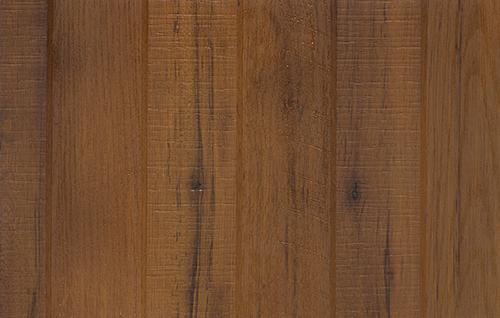 Brown wood grain laminate with textured finish and dark streaks, showing wood pattern and natural veining details.