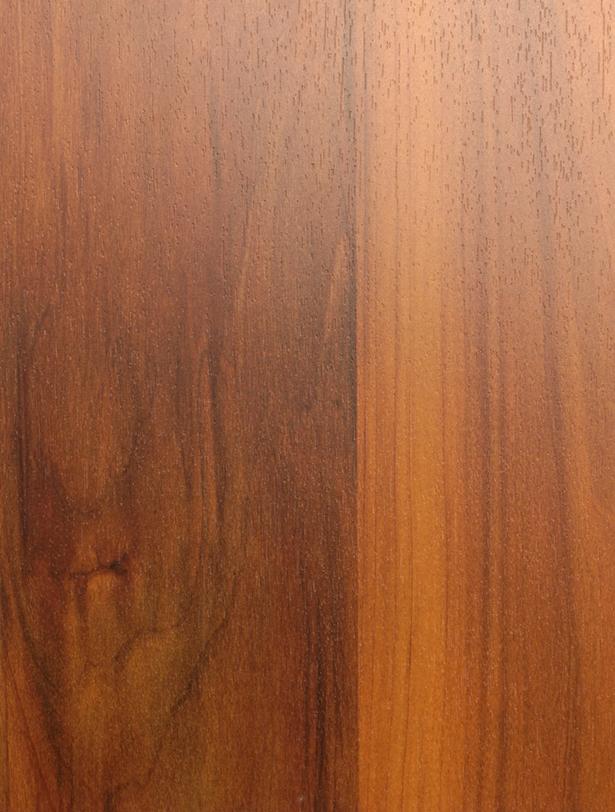 Brown wood grain laminate with textured finish and vertical grain pattern, displaying natural wood appearance and varying