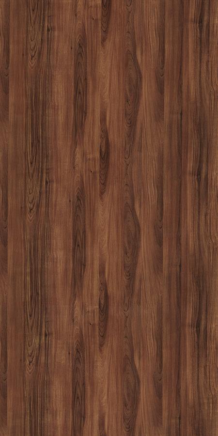 Dark brown wood grain laminate with textured finish and prominent wood pattern, showcasing vertical grain details.