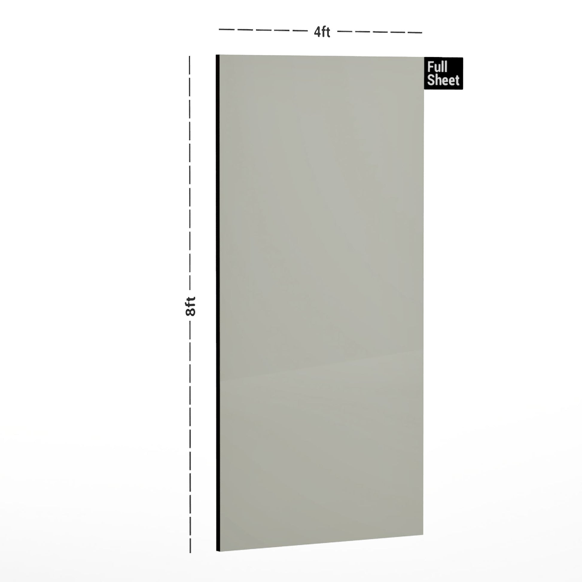Grey plain laminate sheet with suede finish, 8x4 ft size, shown with dimensions and labelled as full sheet.