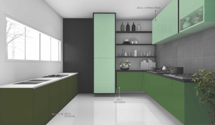 Green laminate kitchen cabinets with textured finish and matching counter, shown in modern kitchen interior design setting.