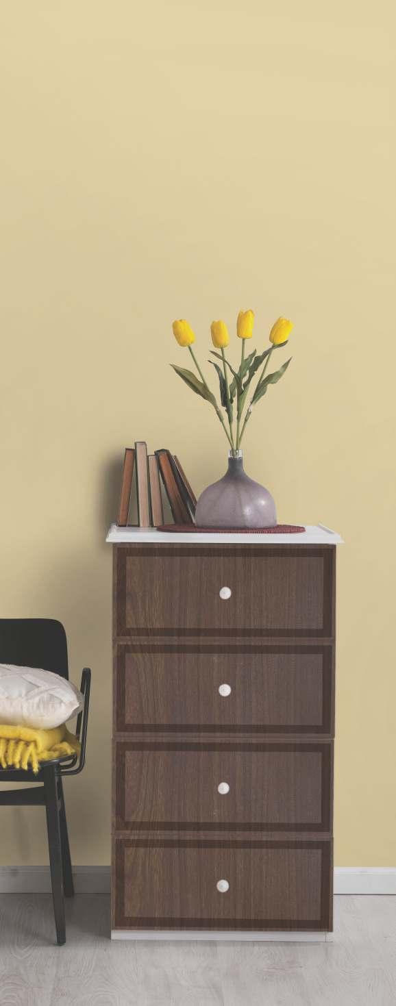 Brown wood grain laminate dresser with white top and silver knobs, suede finish, in a room setting with yellow tulips.