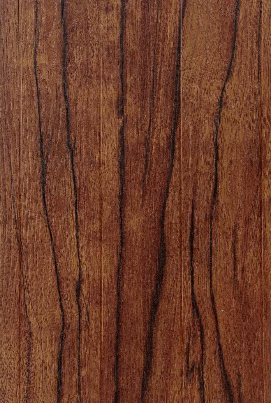 Brown wood grain laminate with textured finish and dark vertical stripes, showing wood pattern and texture details.