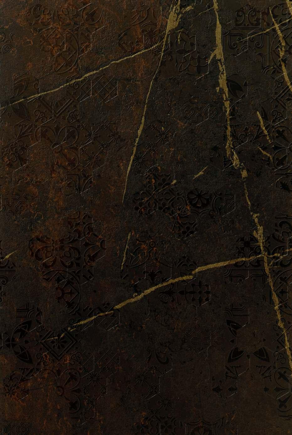 Dark wenge decorative laminate with textured finish and embossed floral pattern and golden veins