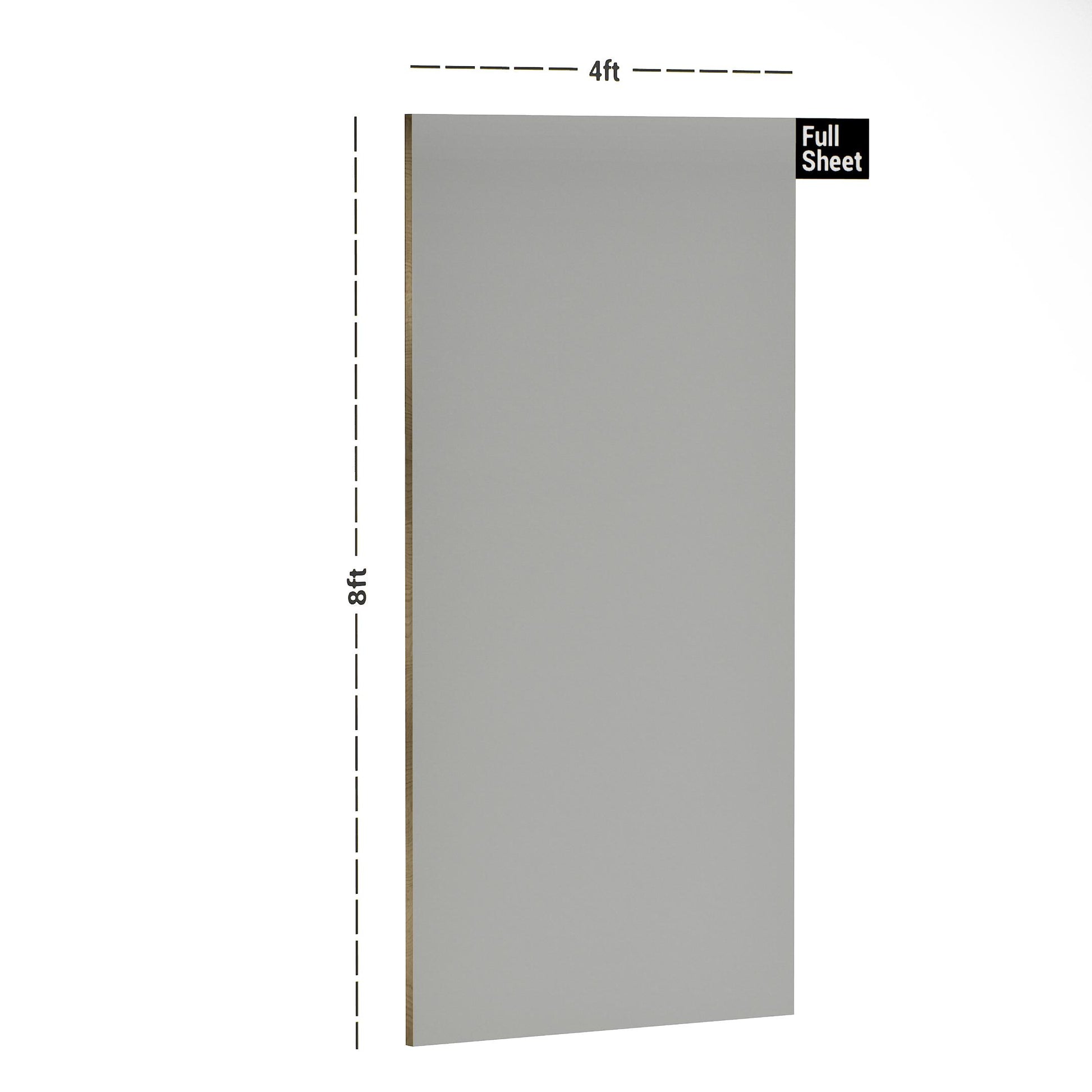 Grey plain laminate sheet with high gloss finish, 8x4 ft size, shown with dimensions and full sheet label.