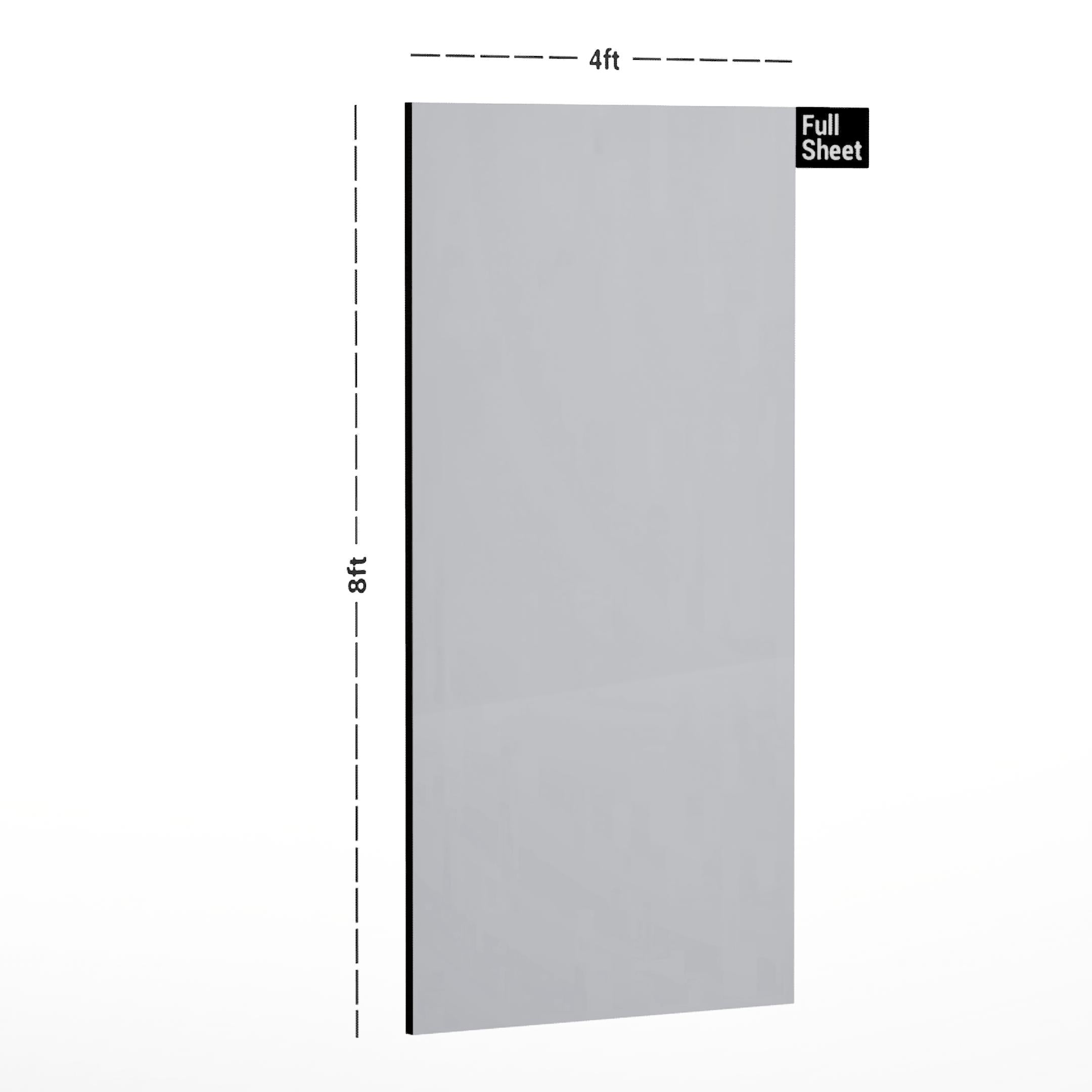 White plain laminate sheet with texture finish, 8x4 ft size diagram illustration showing full sheet dimensions.