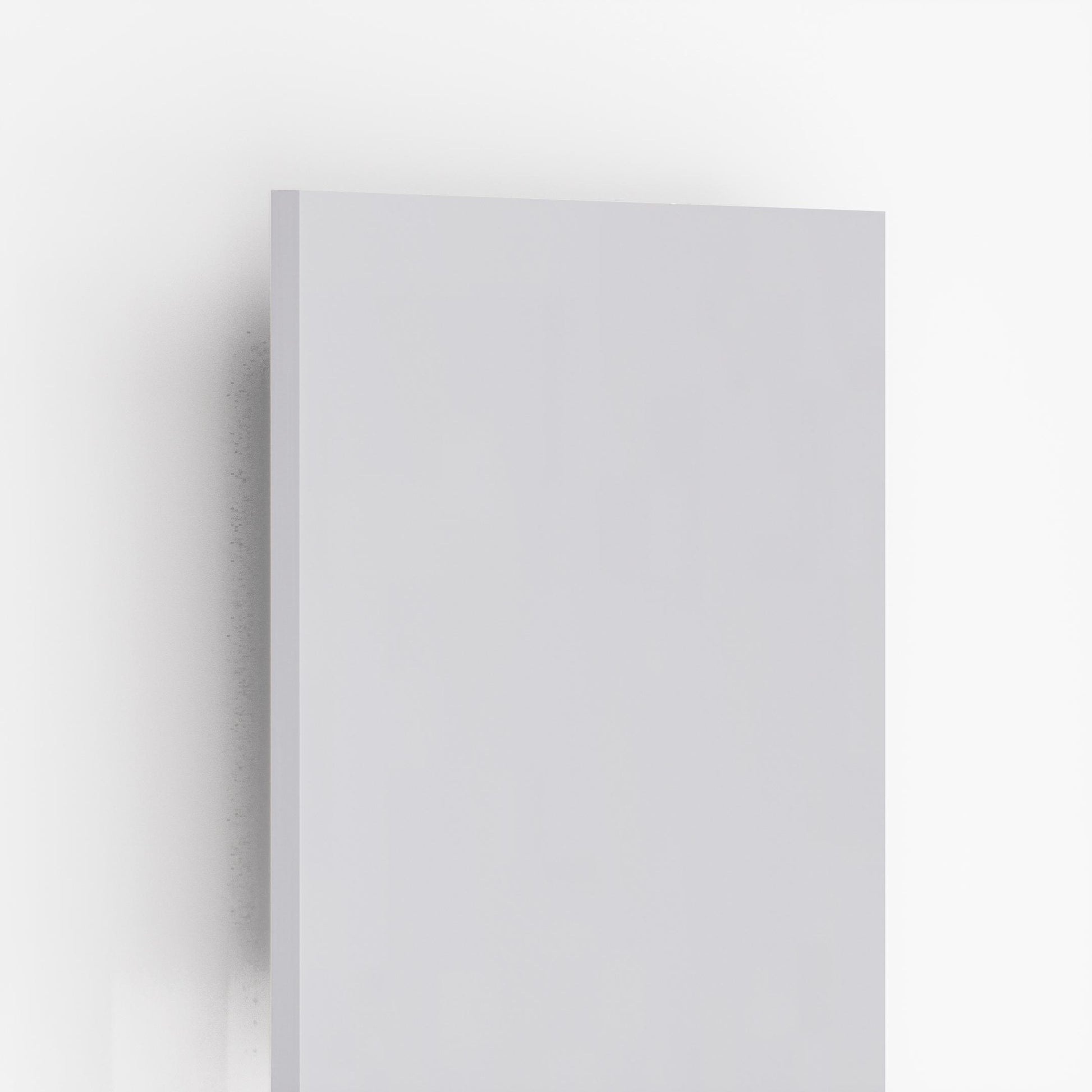 White plain laminate sheet with textured finish and visible edge, showcasing thickness and smooth surface.