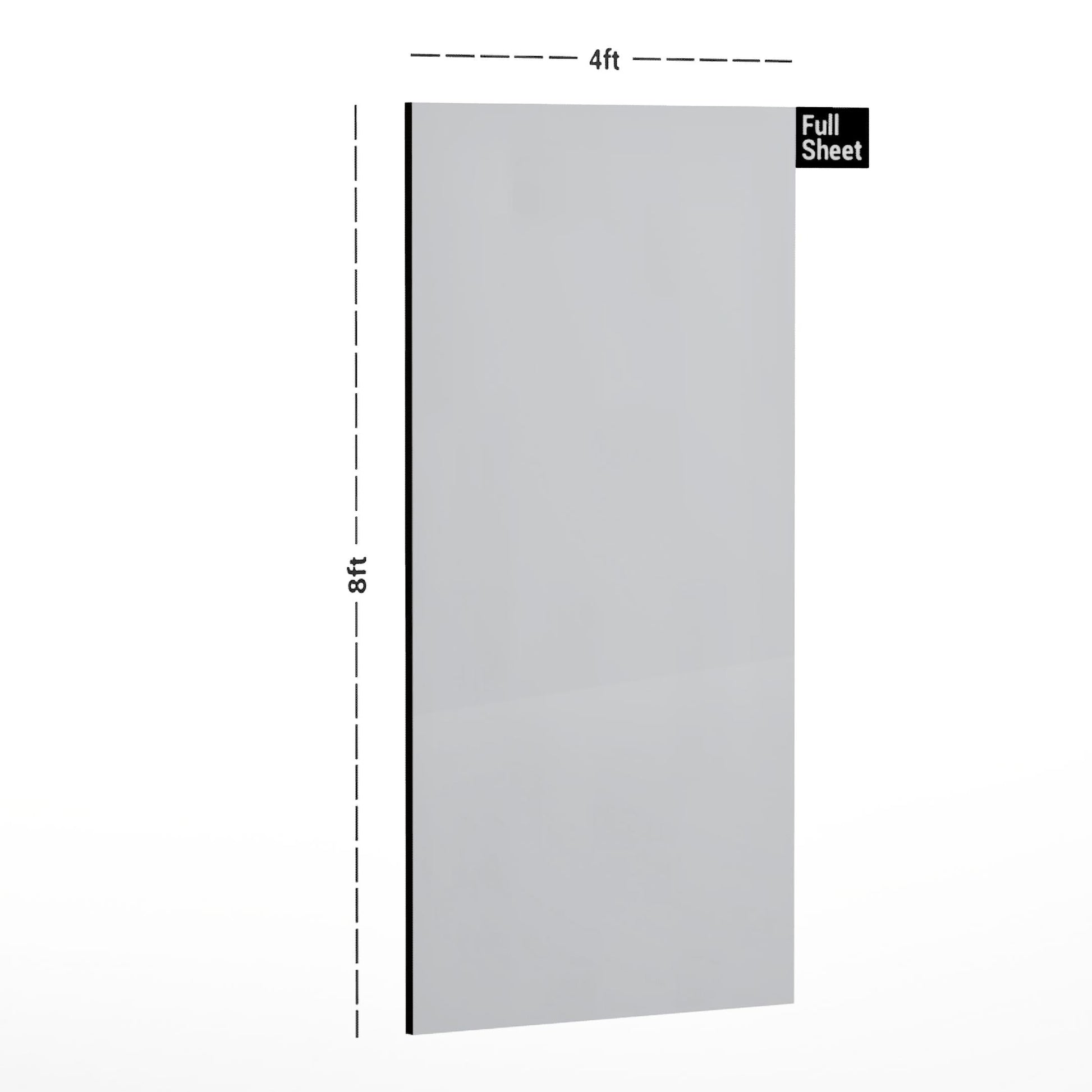 White plain laminate sheet with suede finish, 8x4 ft size, illustrated with dimensions and labeled Full Sheet.